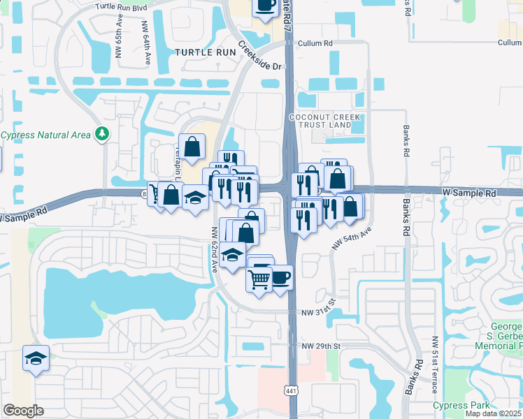 map of restaurants, bars, coffee shops, grocery stores, and more near 5980 West Sample Road in Coral Springs