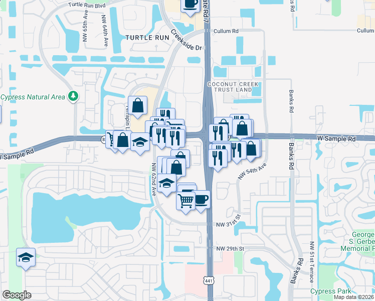 map of restaurants, bars, coffee shops, grocery stores, and more near 5980 West Sample Road in Coral Springs