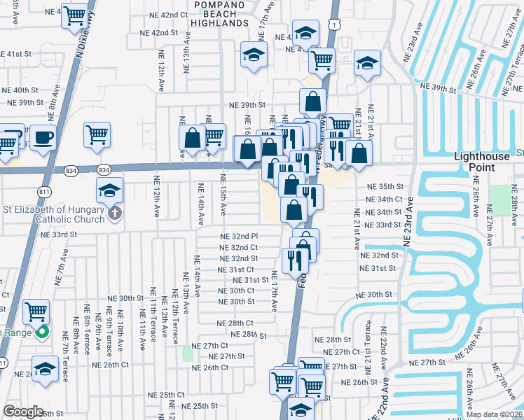 map of restaurants, bars, coffee shops, grocery stores, and more near 1671 Northeast 33rd Street in Pompano Beach