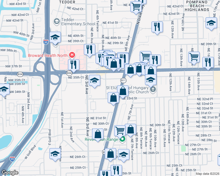 map of restaurants, bars, coffee shops, grocery stores, and more near 501 Northeast 33rd Court in Pompano Beach