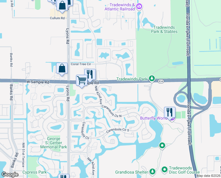 map of restaurants, bars, coffee shops, grocery stores, and more near 15 Northwest 35th Street in Coconut Creek