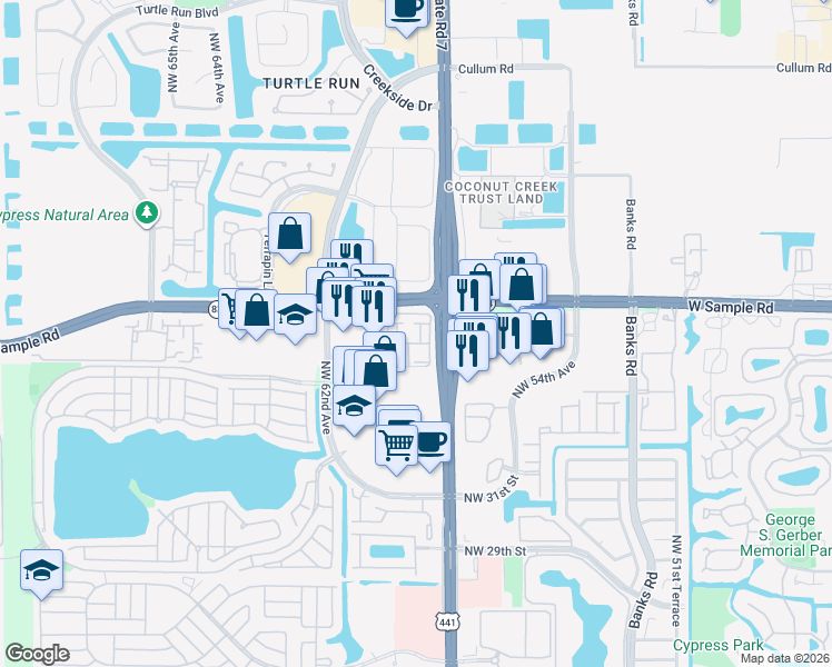 map of restaurants, bars, coffee shops, grocery stores, and more near 5980 West Sample Road in Coral Springs