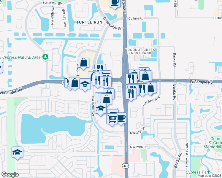map of restaurants, bars, coffee shops, grocery stores, and more near 5980 West Sample Road in Coral Springs