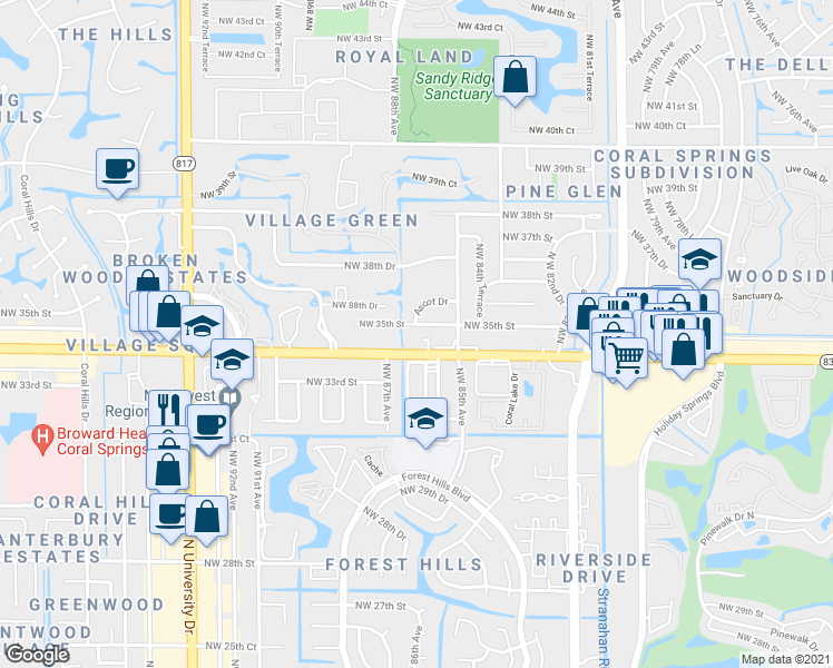 map of restaurants, bars, coffee shops, grocery stores, and more near 8605 West Sample Road in Coral Springs