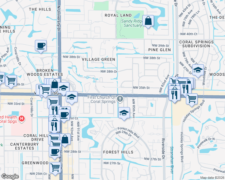 map of restaurants, bars, coffee shops, grocery stores, and more near 10185 West Sample Road in Coral Springs