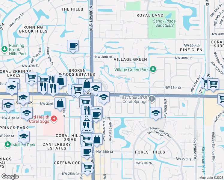 map of restaurants, bars, coffee shops, grocery stores, and more near 9071 West Sample Road in Coral Springs