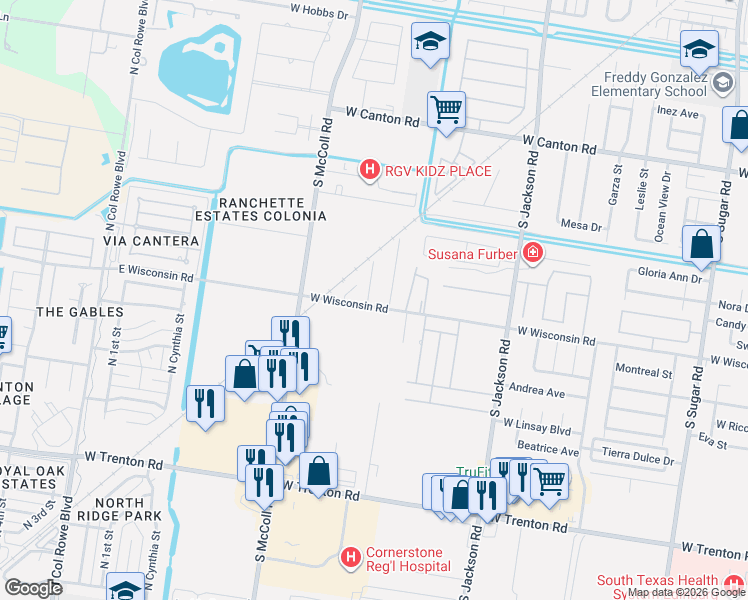 map of restaurants, bars, coffee shops, grocery stores, and more near 2818 West Wisconsin Road in Edinburg