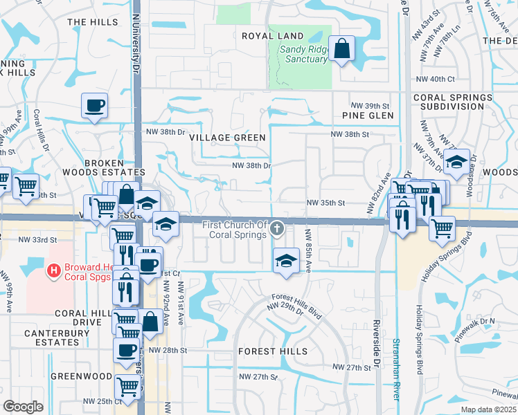 map of restaurants, bars, coffee shops, grocery stores, and more near 10185 West Sample Road in Coral Springs