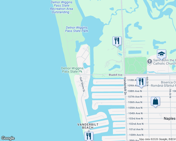 map of restaurants, bars, coffee shops, grocery stores, and more near 33 Bluebill Avenue in Naples