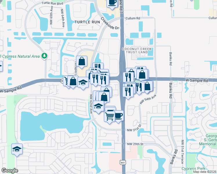 map of restaurants, bars, coffee shops, grocery stores, and more near 5980 West Sample Road in Coral Springs