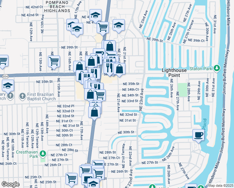 map of restaurants, bars, coffee shops, grocery stores, and more near 2010 Northeast 34th Street in Lighthouse Point