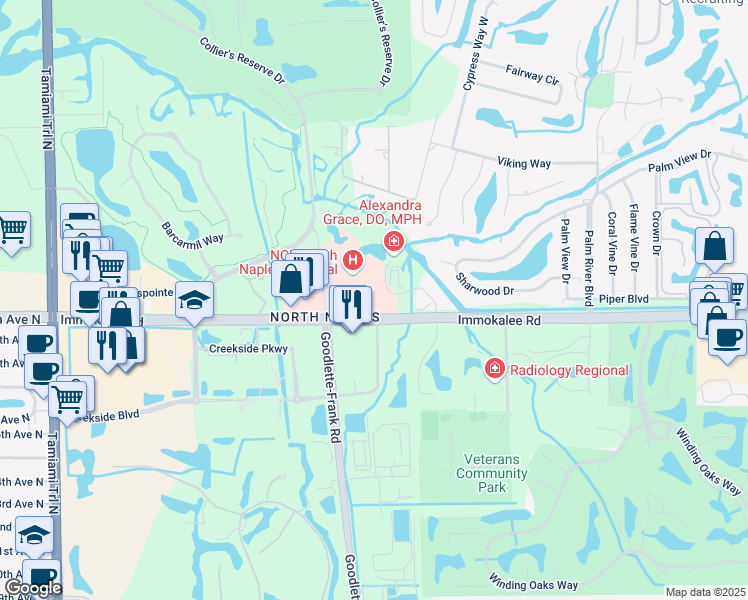 map of restaurants, bars, coffee shops, grocery stores, and more near 1665 Medical Boulevard in Naples