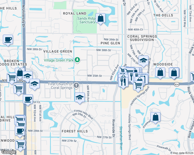 map of restaurants, bars, coffee shops, grocery stores, and more near 8400 Northwest 35th Street in Coral Springs