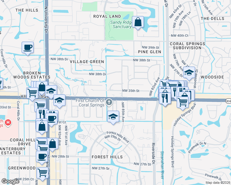 map of restaurants, bars, coffee shops, grocery stores, and more near 8605 West Sample Road in Coral Springs