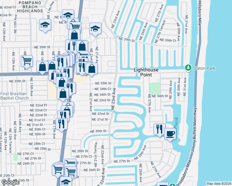 map of restaurants, bars, coffee shops, grocery stores, and more near 2311 Northeast 33rd Street in Lighthouse Point