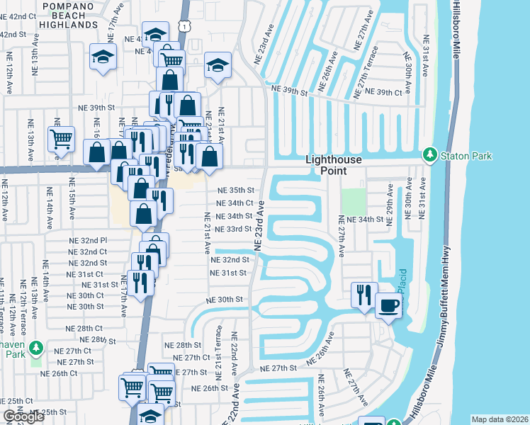 map of restaurants, bars, coffee shops, grocery stores, and more near 2311 Northeast 33rd Street in Lighthouse Point