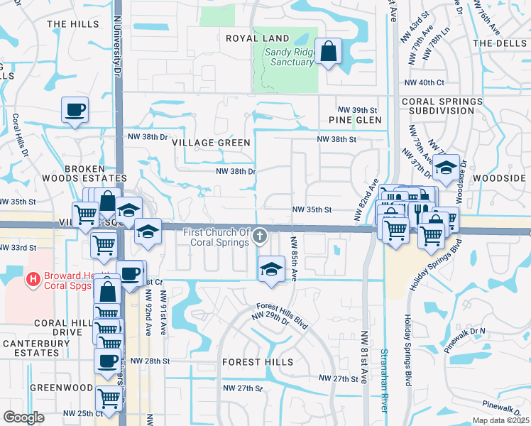 map of restaurants, bars, coffee shops, grocery stores, and more near 8604 Northwest 35th Street in Coral Springs