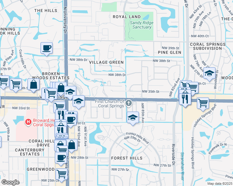 map of restaurants, bars, coffee shops, grocery stores, and more near 8803 West Sample Road in Coral Springs