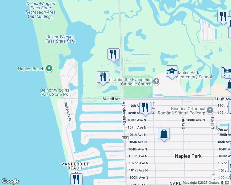 map of restaurants, bars, coffee shops, grocery stores, and more near 385 Sea Grove Lane in Naples