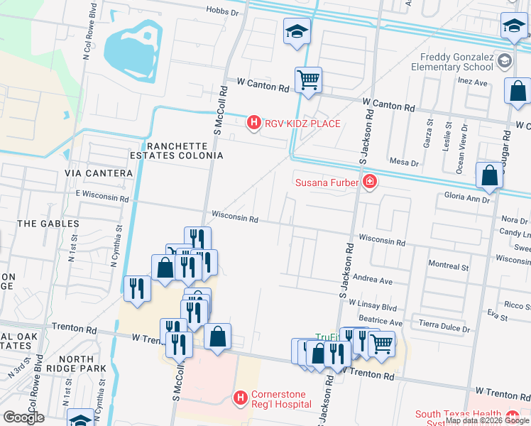 map of restaurants, bars, coffee shops, grocery stores, and more near 2818 West Wisconsin Road in Edinburg