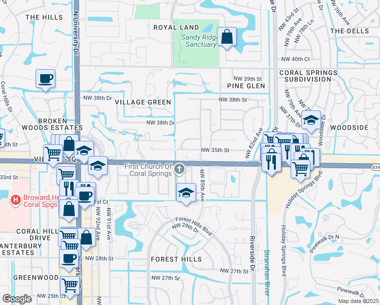 map of restaurants, bars, coffee shops, grocery stores, and more near 8605 West Sample Road in Coral Springs