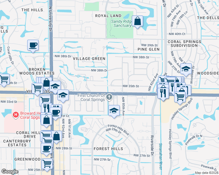 map of restaurants, bars, coffee shops, grocery stores, and more near 8605 West Sample Road in Coral Springs