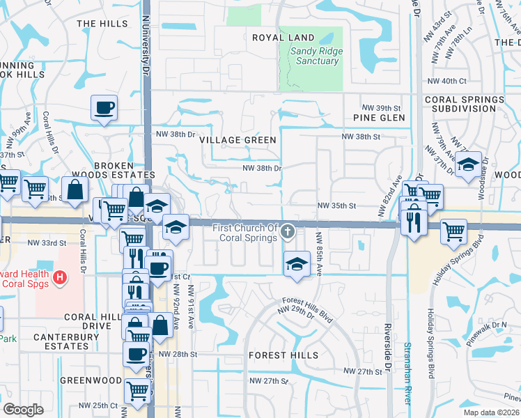 map of restaurants, bars, coffee shops, grocery stores, and more near 8803 West Sample Road in Coral Springs