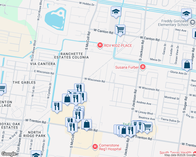 map of restaurants, bars, coffee shops, grocery stores, and more near 2818 West Wisconsin Road in Edinburg