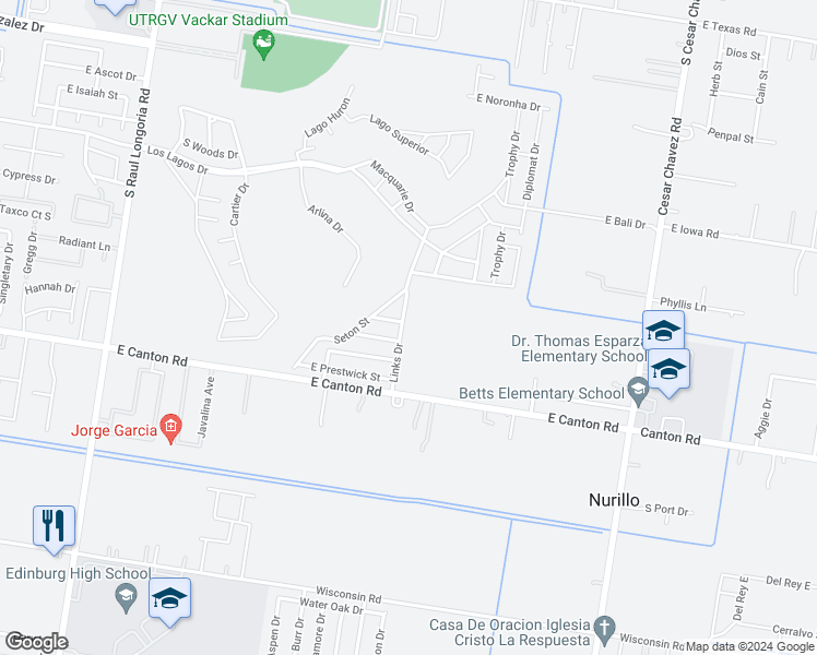 map of restaurants, bars, coffee shops, grocery stores, and more near 2518 Links Drive in Edinburg