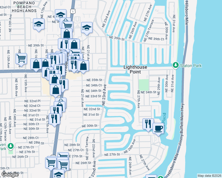 map of restaurants, bars, coffee shops, grocery stores, and more near 2311 Northeast 33rd Street in Lighthouse Point