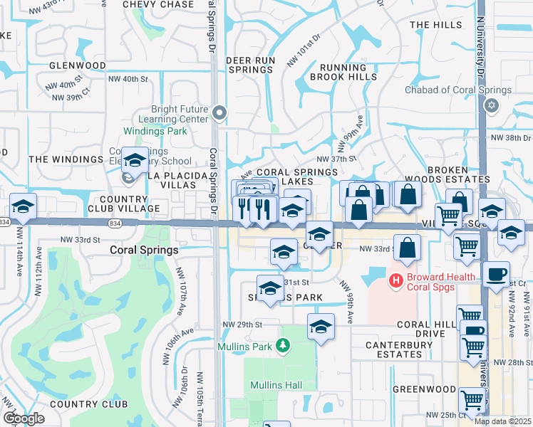 map of restaurants, bars, coffee shops, grocery stores, and more near 10303 West Sample Road in Coral Springs