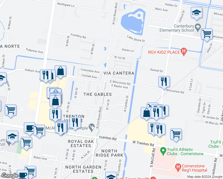 map of restaurants, bars, coffee shops, grocery stores, and more near 101 Auburn Avenue in McAllen