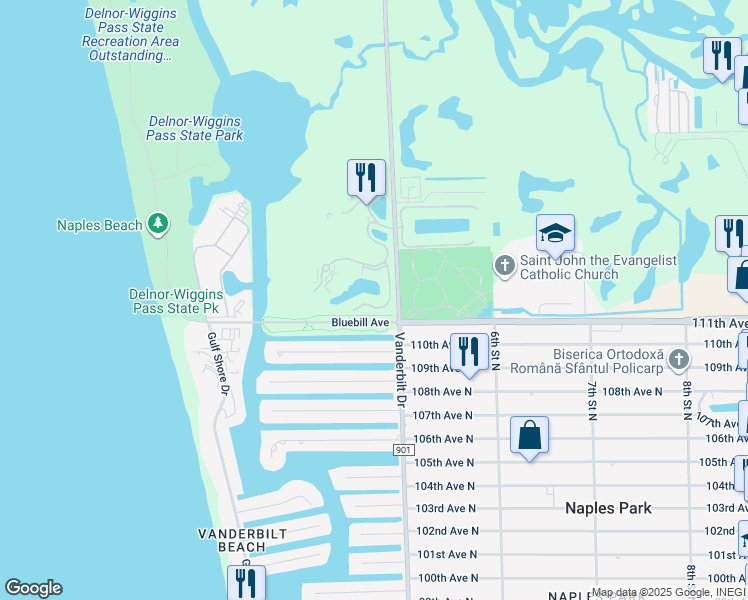 map of restaurants, bars, coffee shops, grocery stores, and more near 385 Sea Grove Lane in Naples