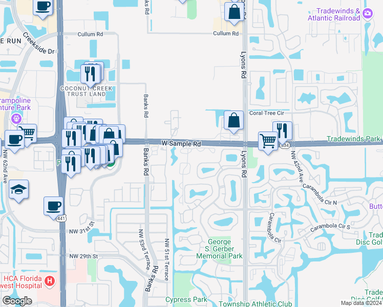 map of restaurants, bars, coffee shops, grocery stores, and more near 4854 Fishermans Drive in Coconut Creek