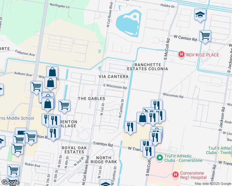map of restaurants, bars, coffee shops, grocery stores, and more near 208 Baylor Avenue in McAllen