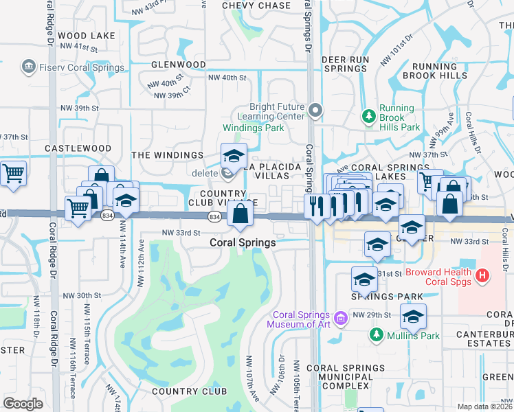 map of restaurants, bars, coffee shops, grocery stores, and more near 10830 West Sample Road in Coral Springs