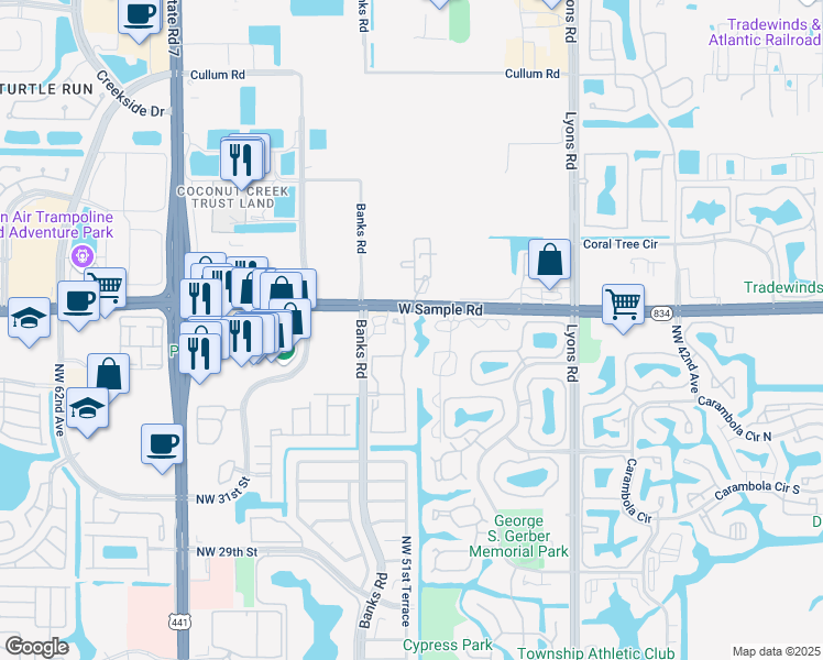 map of restaurants, bars, coffee shops, grocery stores, and more near 5100 West Sample Road in Coconut Creek