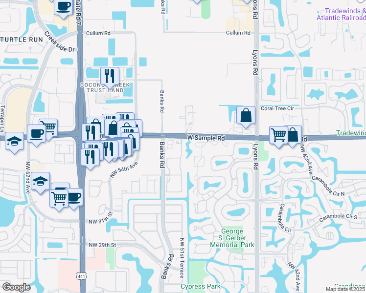 map of restaurants, bars, coffee shops, grocery stores, and more near 3510 Banks Road in Margate