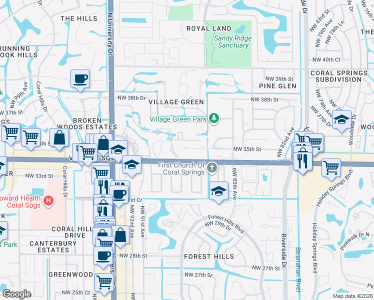 map of restaurants, bars, coffee shops, grocery stores, and more near 8803 West Sample Road in Coral Springs