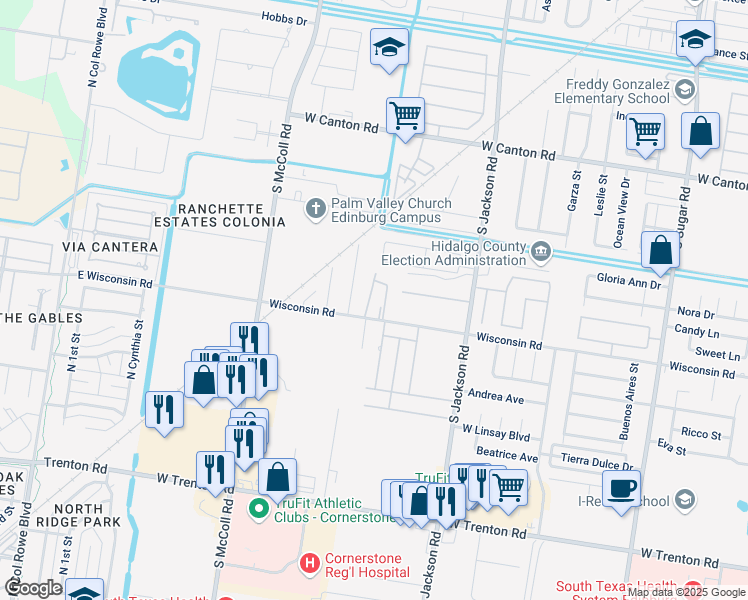map of restaurants, bars, coffee shops, grocery stores, and more near 2413 West Wisconsin Road in Edinburg