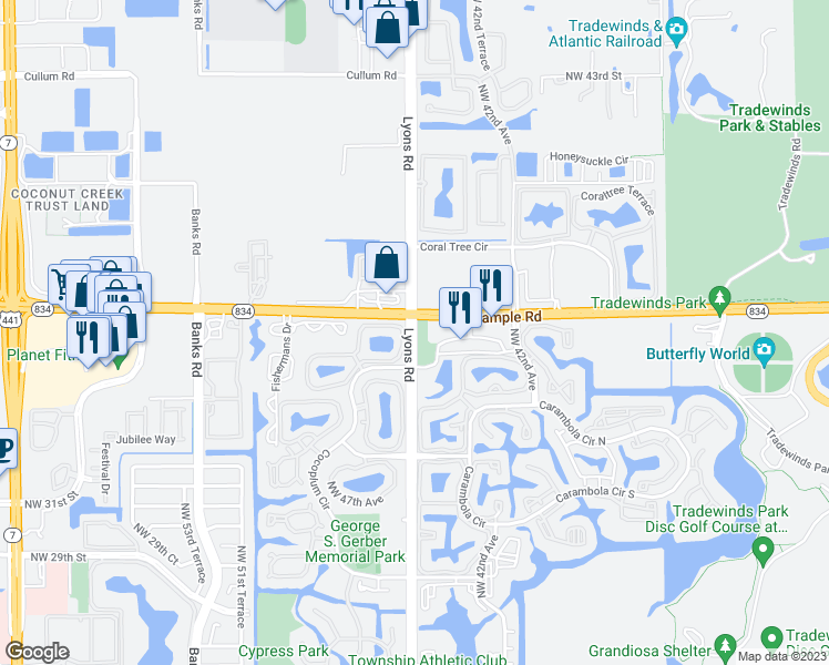 map of restaurants, bars, coffee shops, grocery stores, and more near Lyons Road in Coconut Creek