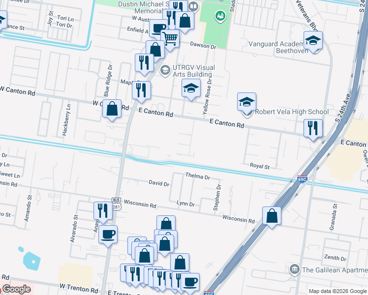 map of restaurants, bars, coffee shops, grocery stores, and more near 318 Sapphire Street in Edinburg