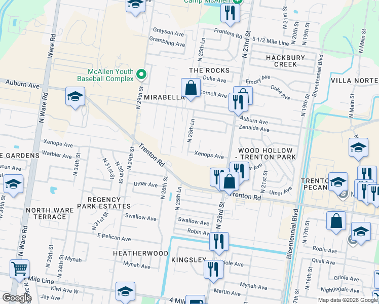 map of restaurants, bars, coffee shops, grocery stores, and more near 7608 North 26th Street in McAllen