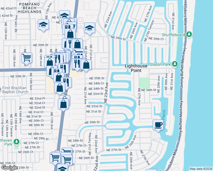 map of restaurants, bars, coffee shops, grocery stores, and more near 3430 Northeast 23rd Avenue in Lighthouse Point