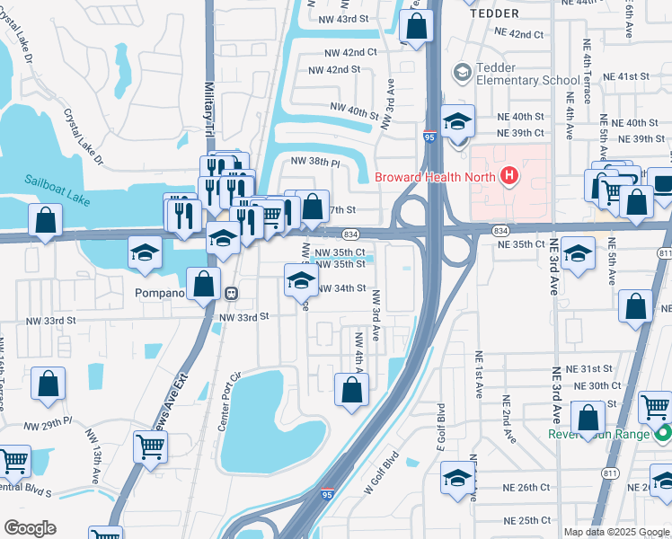 map of restaurants, bars, coffee shops, grocery stores, and more near 461 Northwest 35th Court in Pompano Beach