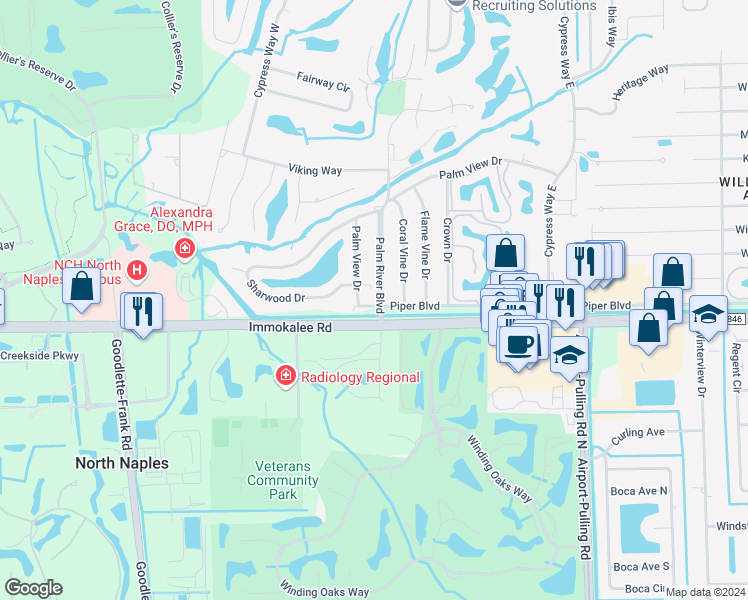 map of restaurants, bars, coffee shops, grocery stores, and more near 103 Palm River Boulevard in Naples