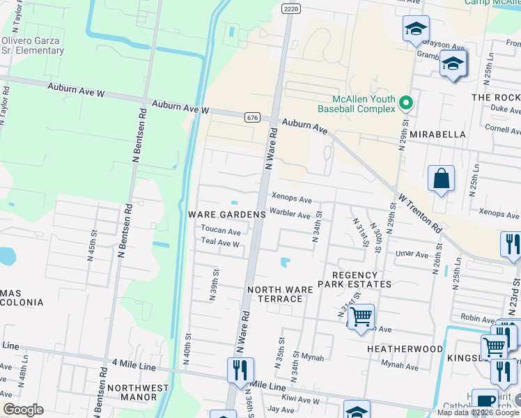 map of restaurants, bars, coffee shops, grocery stores, and more near 3621 Xenops Avenue in McAllen