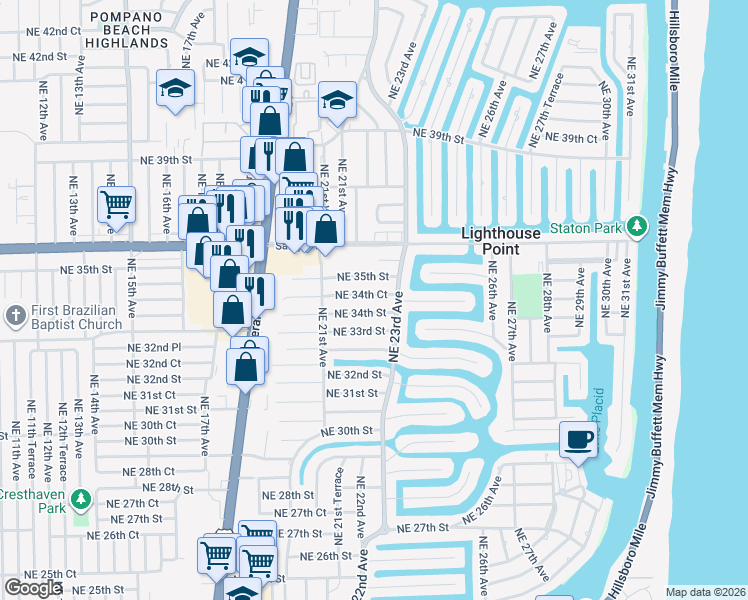 map of restaurants, bars, coffee shops, grocery stores, and more near 2220 Northeast 34th Court in Lighthouse Point