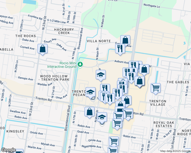 map of restaurants, bars, coffee shops, grocery stores, and more near 7801 North Main Street in McAllen