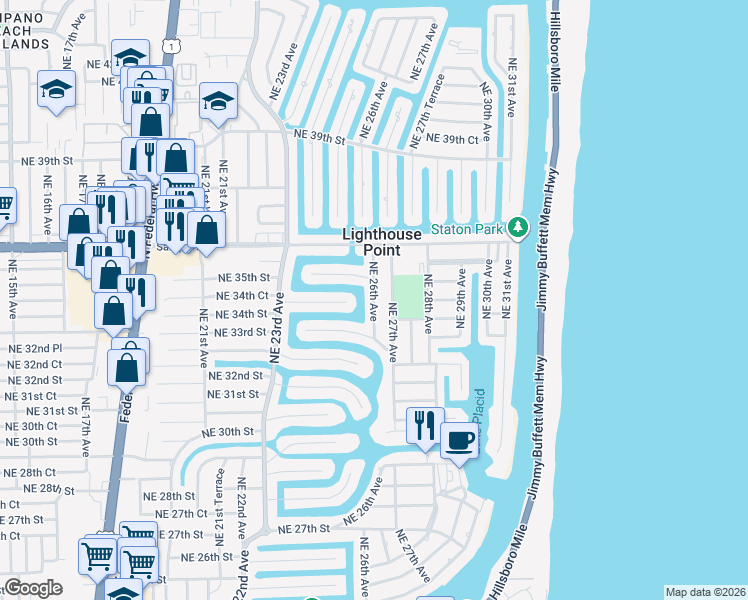 map of restaurants, bars, coffee shops, grocery stores, and more near 2550 Northeast 35th Street in Lighthouse Point